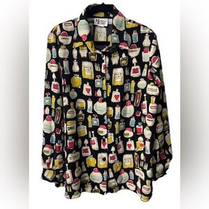 Vintage Maggie Sweet Perfume Bottles Print Button Up Shirt Size Large Pop Art